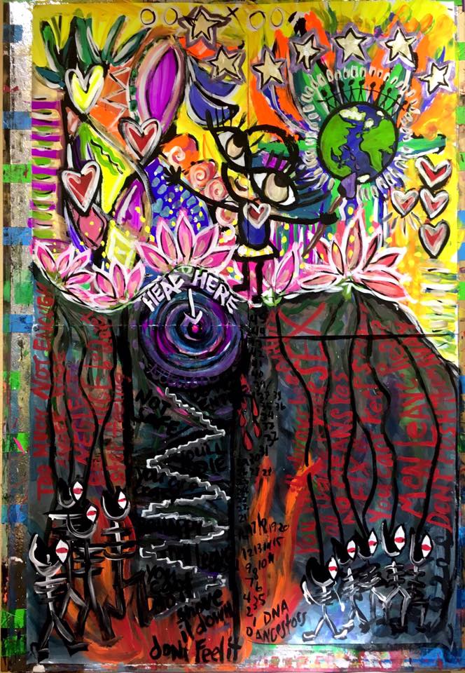 Artwork by Allison - a colorful upperworld and dark and scary underworld