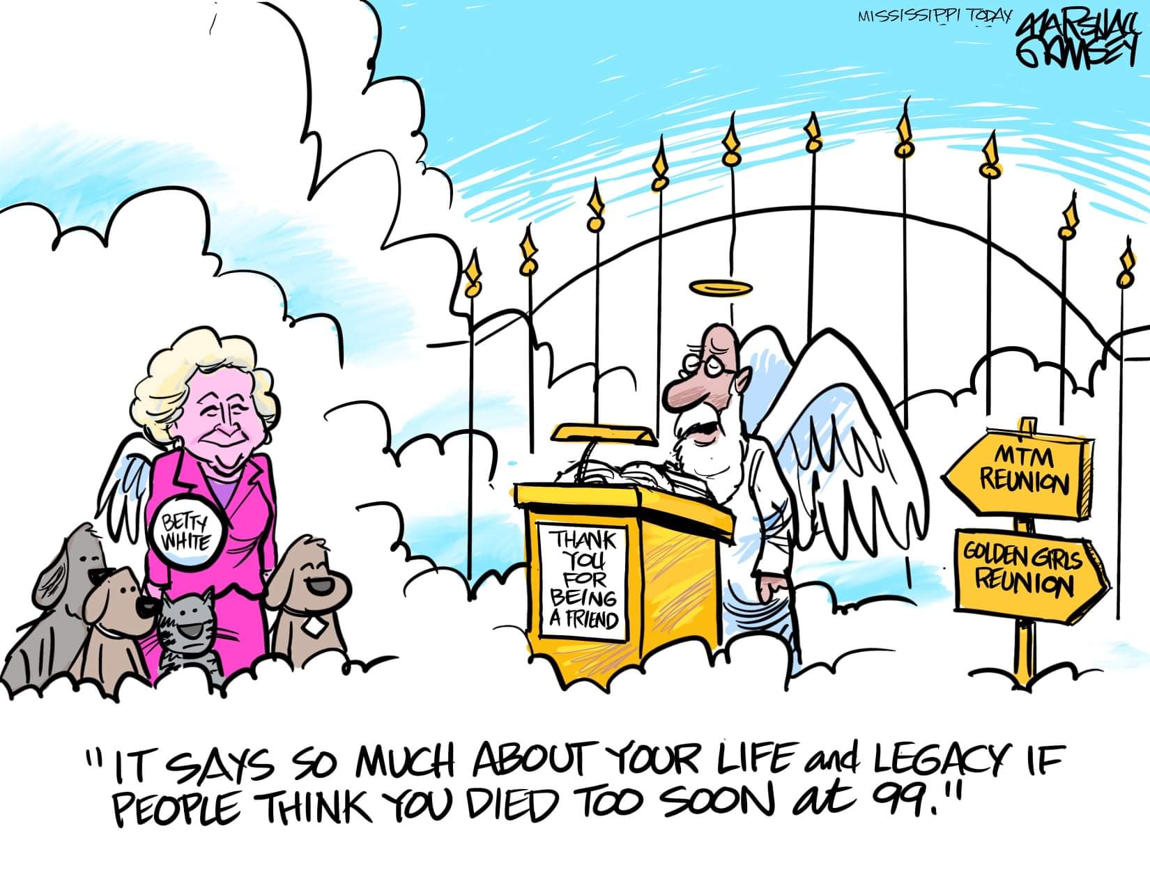 cartoon image of betty white at gates of heaven with dogs
