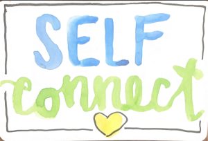 White paper with watercolor word self in blue and connect in green with yellow heart. 