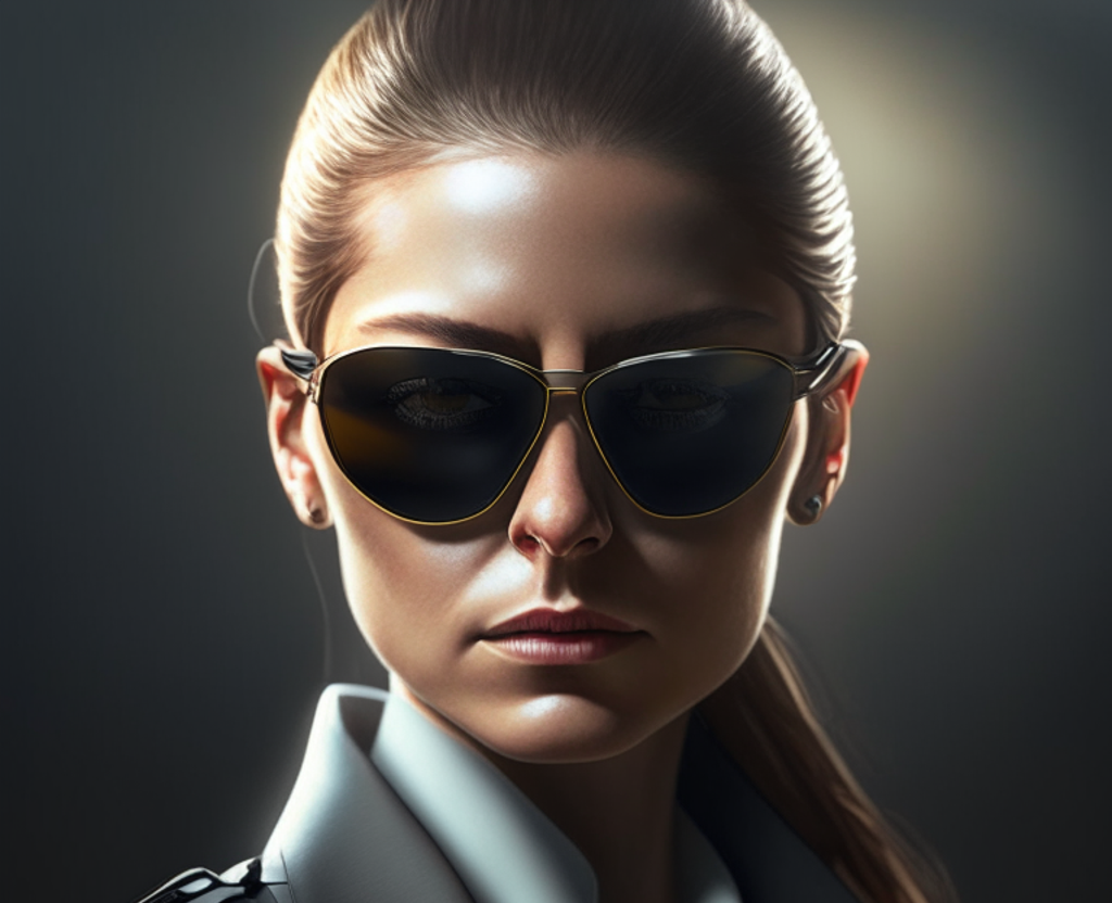 AI generated female secret sevice agent head and shoulders with glasses on, no smile, and fierce look.
