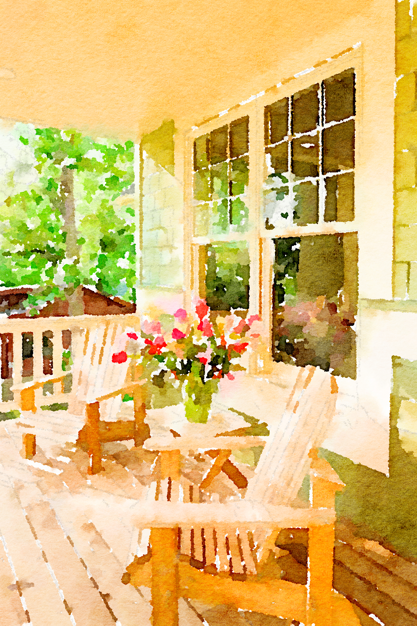 A watercolor rendering of a front porch with 2 adirondack chairs infront of big windows. Between them is a table with a vase of flowers. 