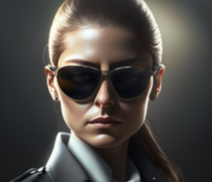 AI generated female secret sevice agent head and shoulders with glasses on, no smile, and fierce look.