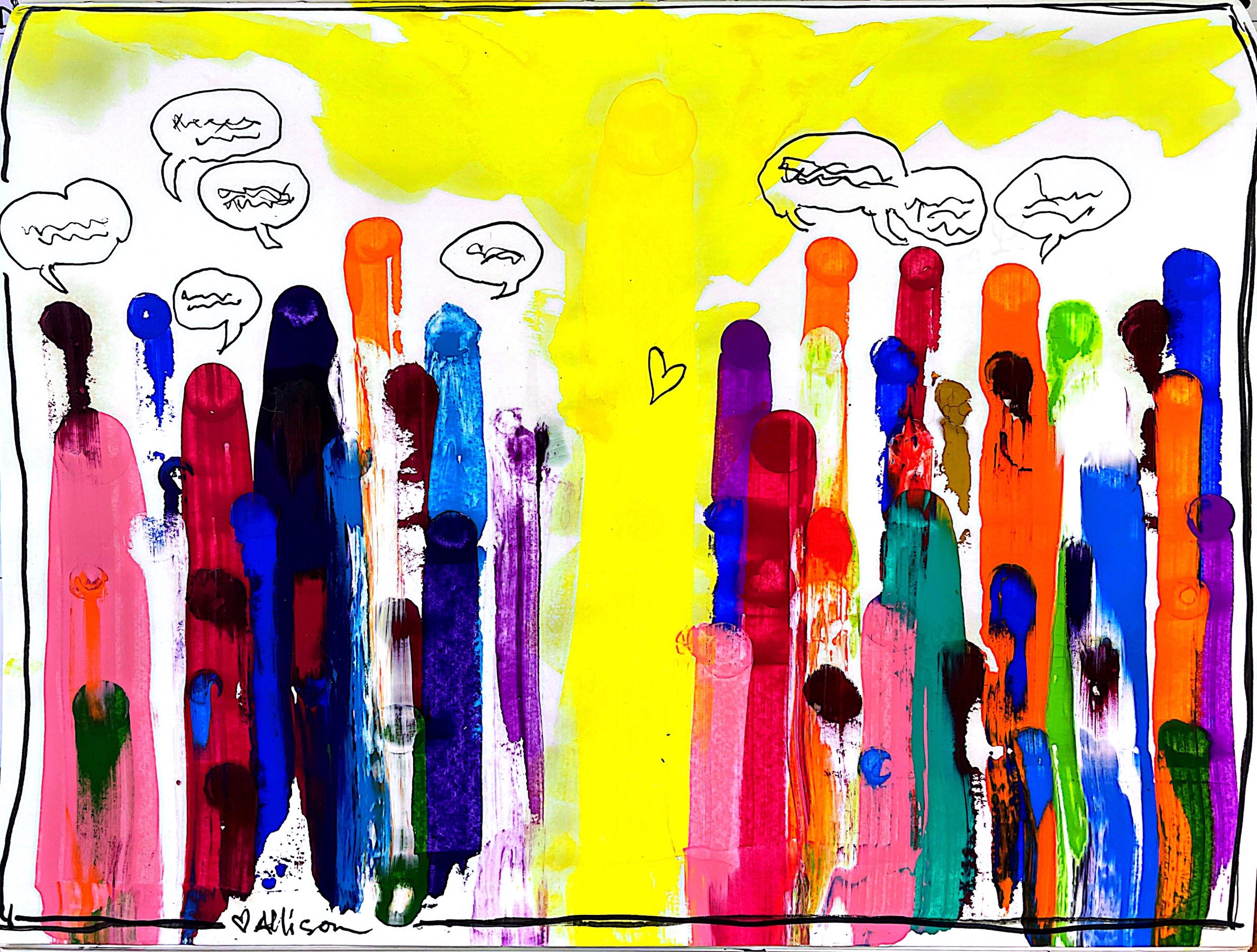 Painting with Tall yellow figure in the middle eminating golden light out and above a variety of colorful figures surrounding the central image. Some are tall and some are short, like children. Some have speech bubbles with indecipherable words in them. 