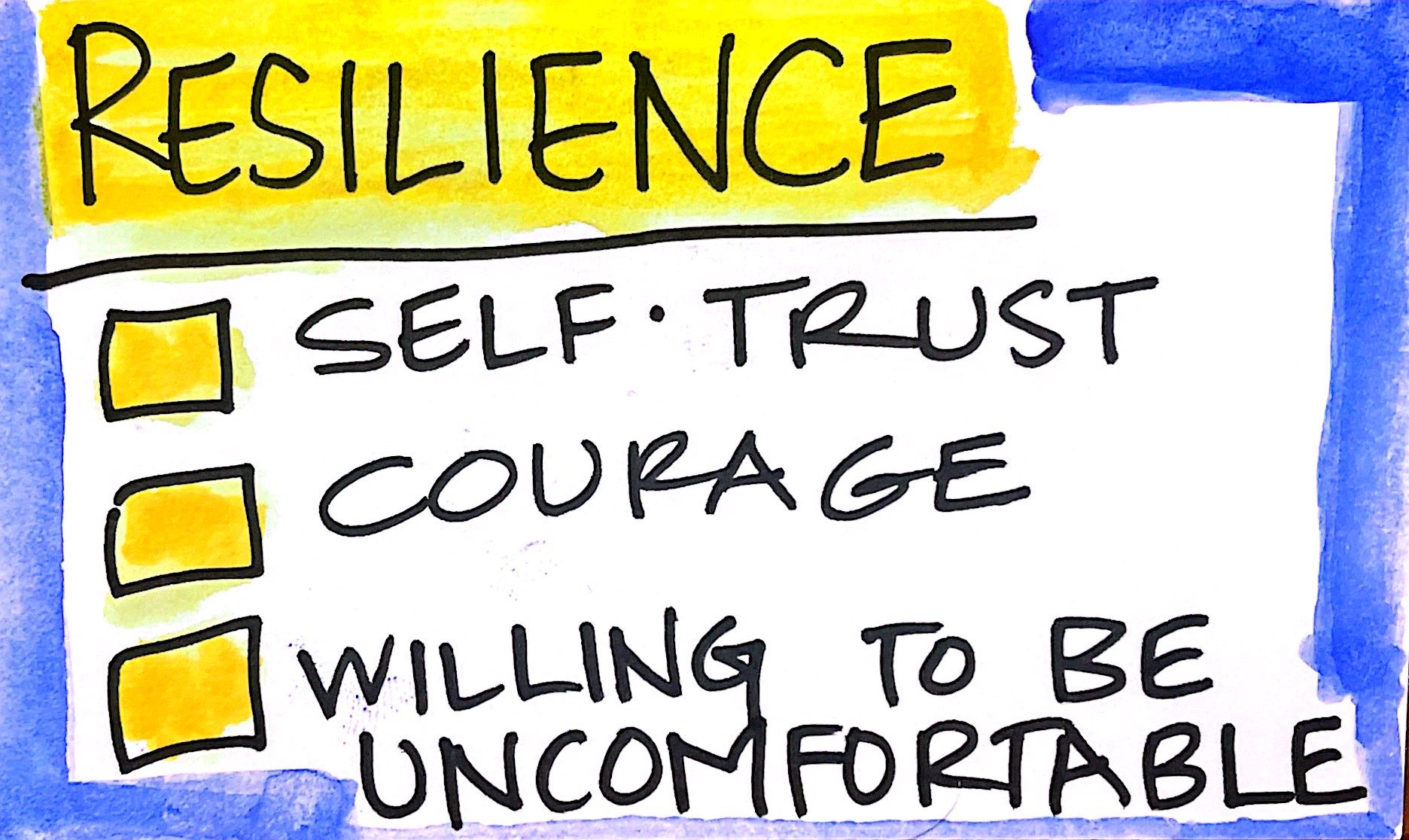 A chart that reads Resilience as a heading with 3 points underneath.  1. Self Trust. 2. Courage. 3. Willingness to be uncomfortable. 